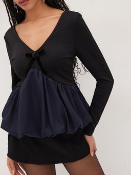 Cider - V-neck Rosette Bowknot Bubble Hem Blouse