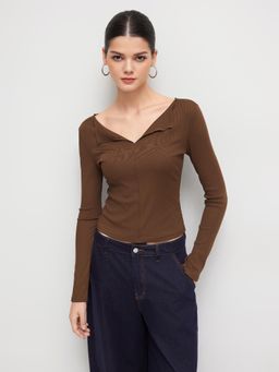 Cider - V-neck Solid Long Sleeve Tee