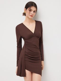 Cider - Jersey V-neck Ruched Asymmetrical Hem Mini Dress