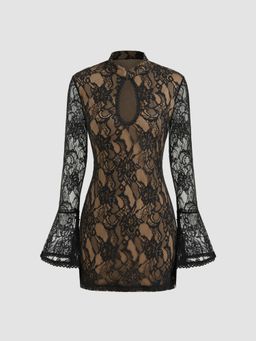 Cider - Lace Mandarin Collar Floral Cut Out Mini Dress