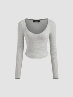 Cider - Cotton-blend V-neck Stripe Contrasting Binding Long Sleeve Tee