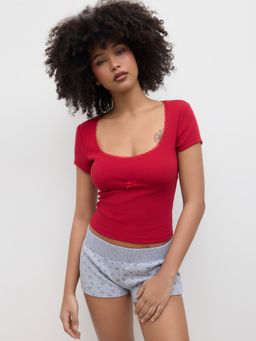 Cider - Cotton-blend U-neckline Lettuce Trim Short Sleeve Tee