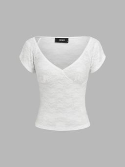 Cider - Lace V-neck Floral Short Sleeve Tee