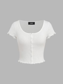 Cider - 100% Cotton Pointelle U-neckline Floral Lettuce Trim Short Sleeve Top