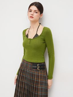 Cider - Cotton-blend Two Tone Halter Neckline Tartan Long Sleeve Top
