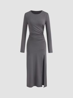 Cider - Round Neckline Ruched Split Midi Dress