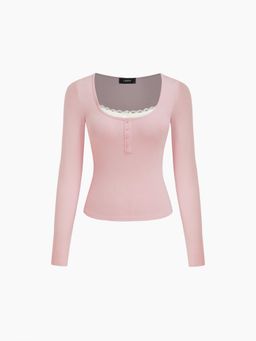 Cider - Square Neck Lace Trim Two Tone Long Sleeve Tee