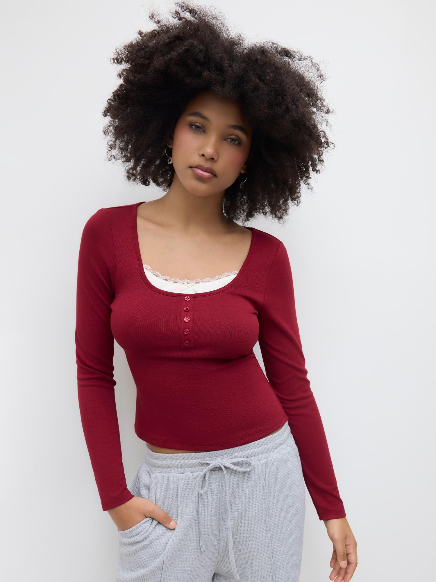 Buy Cider Square Neck Lace Trim Two Tone Long Sleeve Tee (XXS) Online