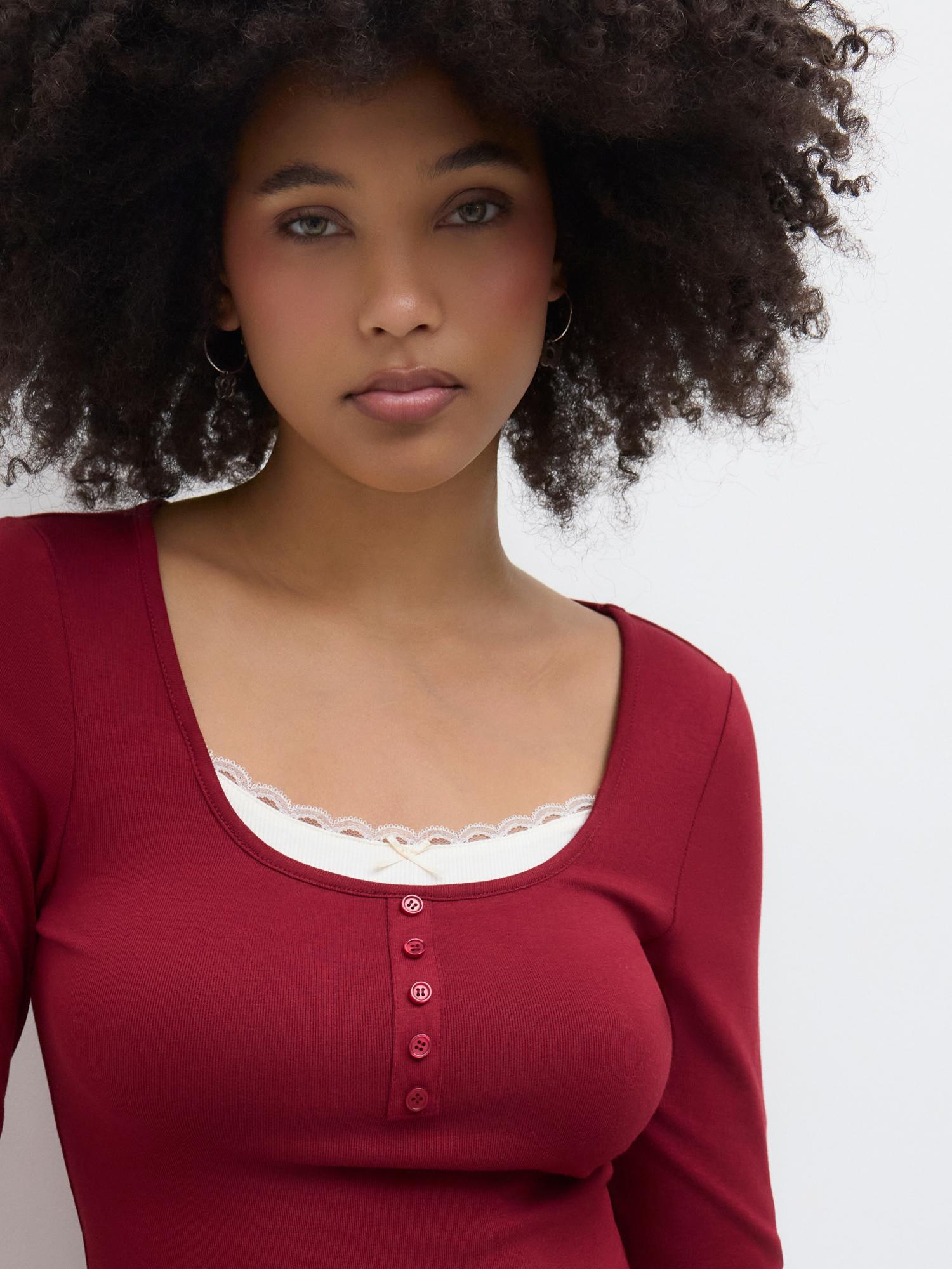 Buy Cider Square Neck Lace Trim Two Tone Long Sleeve Tee (XXS) Online