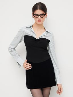 Cider - Collar Striped Two Tone Patched Blouse