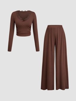 Cider - V-neck Lace Cropped Long Sleeve Top & Mid Rise Wide Leg Trousers