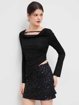 Cider - Cowl Neck Glitter Asymmetrical Hem Top