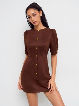 Cider - Suede Button Puff Sleeve Mini Dress