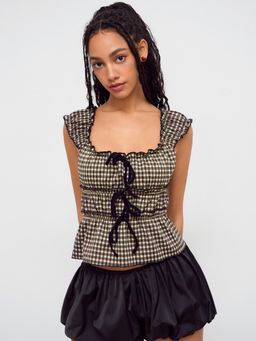 Cider - Cotton-blend Gingham Bowknot Top