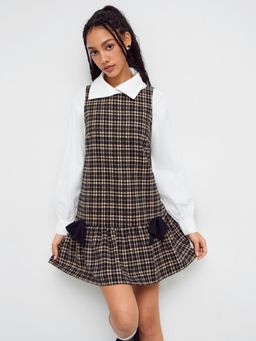 Cider - Wool-like Boat Neck Tartan Bowknot Mini Dress