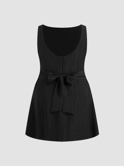 Cider - Linen-blend Boat Neck Ruched Knotted Backless Mini Dress Curve & Plus