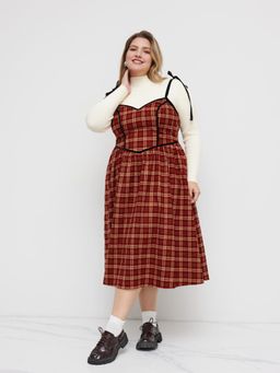 Cider - V-neck Plaid Knotted Shirred Midi Dress Curve & Plus