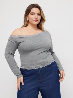 Cider - Asymmetrical Neck Lace Trim Long Sleeve Top Curve & Plus