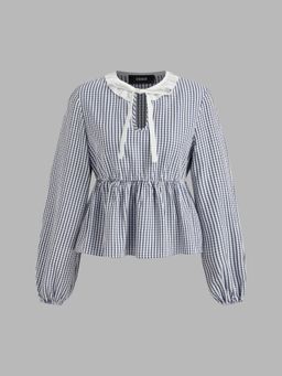 Cider - Round Neckline Check Cut Out Long Sleeve Blouse