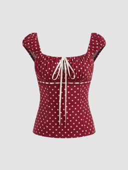 Cider - Square Neck Polka Dot Knotted Short Sleeve Top