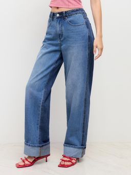 Cider - Denim Mid Rise Roll Hem Straight Leg Jeans