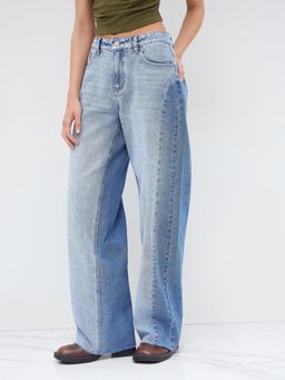 Cider - Denim Low Rise Patchy Raw Hem Straight Leg Jeans