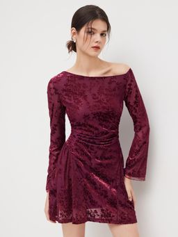 Cider - Velvet Asymmetrical Neck Floral Ruched Mini Dress