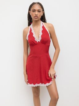 Cider - Halter Neckline Polka Dot Ruffle Lace Trim Mini Dress