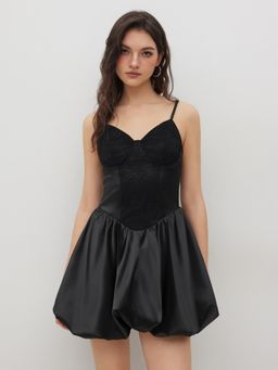 Cider - Satin Sweetheart Floral Lace Trim Bubble Hem Mini Dress