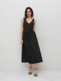 Cider - Cotton-blend V-neck Lace Up Ruffle Midi Dress