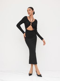 Cider - Halter Neckline O-ring Cut Out midi Dress