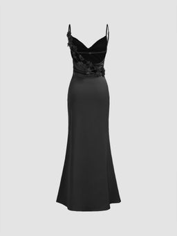 Cider - Satin Cowl Neck 3D Floral Ruched Mermaid Maxi Dress
