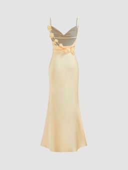 Cider - Satin Cowl Neck 3D Floral Ruched Mermaid Maxi Dress