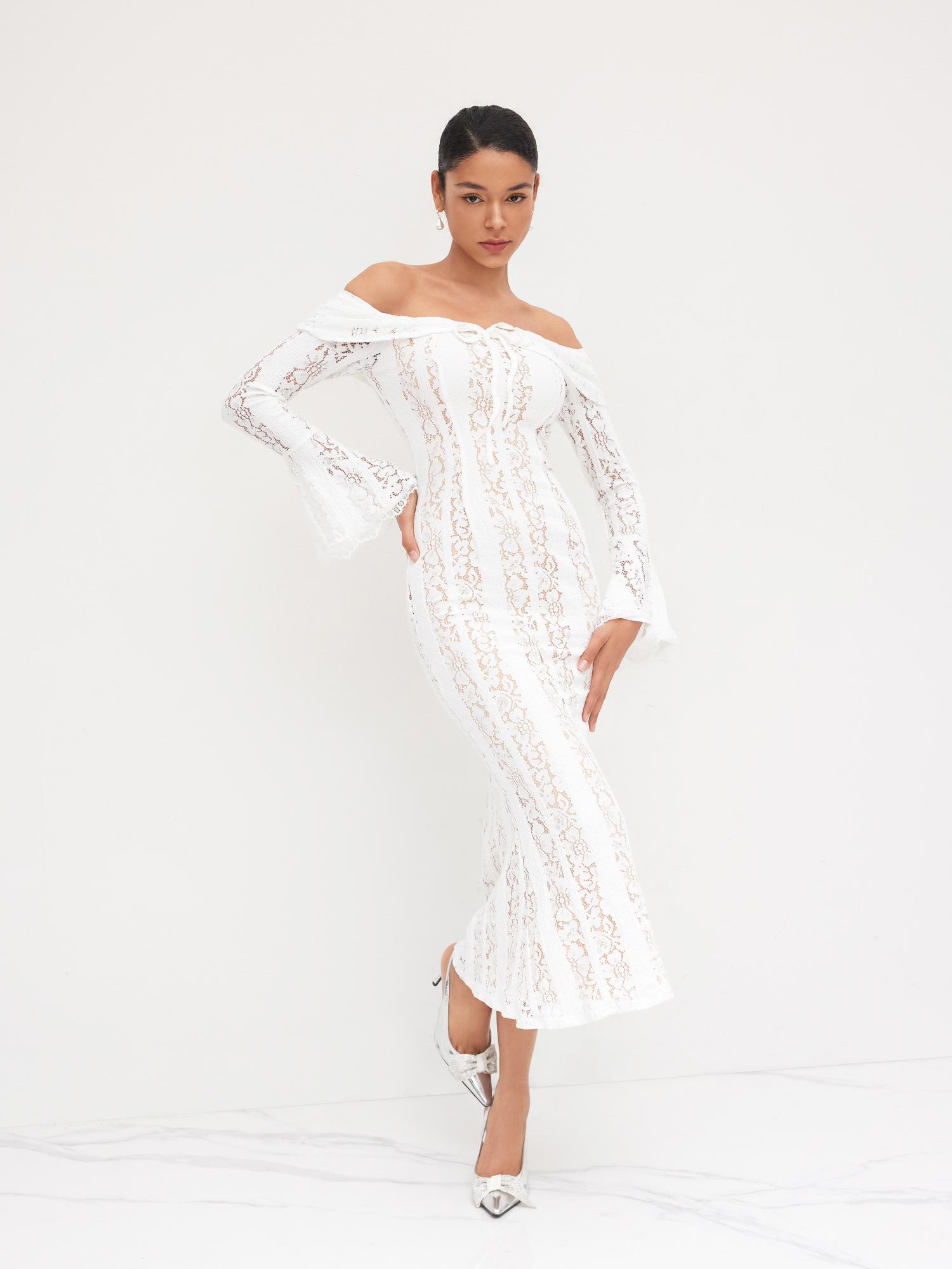 Lace Off-shoulder Floral Knotted Midi Dress