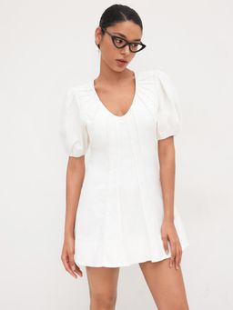 Cider - Cotton-blend V-neck Pleated Puff Sleeve Mini Dress