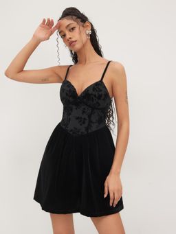 Cider - Velvet V-neck Floral Corset Ruffle Mini Dress