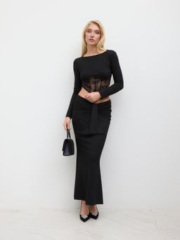 Cider - Lace Corset Crop Top & Mid Rise Twist Mermaid Maxi Skirt