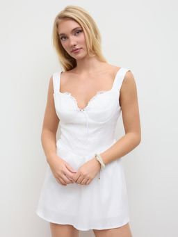 Cider - Satin Bowknot Lace Trim Mini Dress