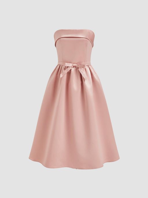 ruffle bandeau midi dress Rosaya Ruffle Rosette Bandeau Midi Dress in Pink Chiffon