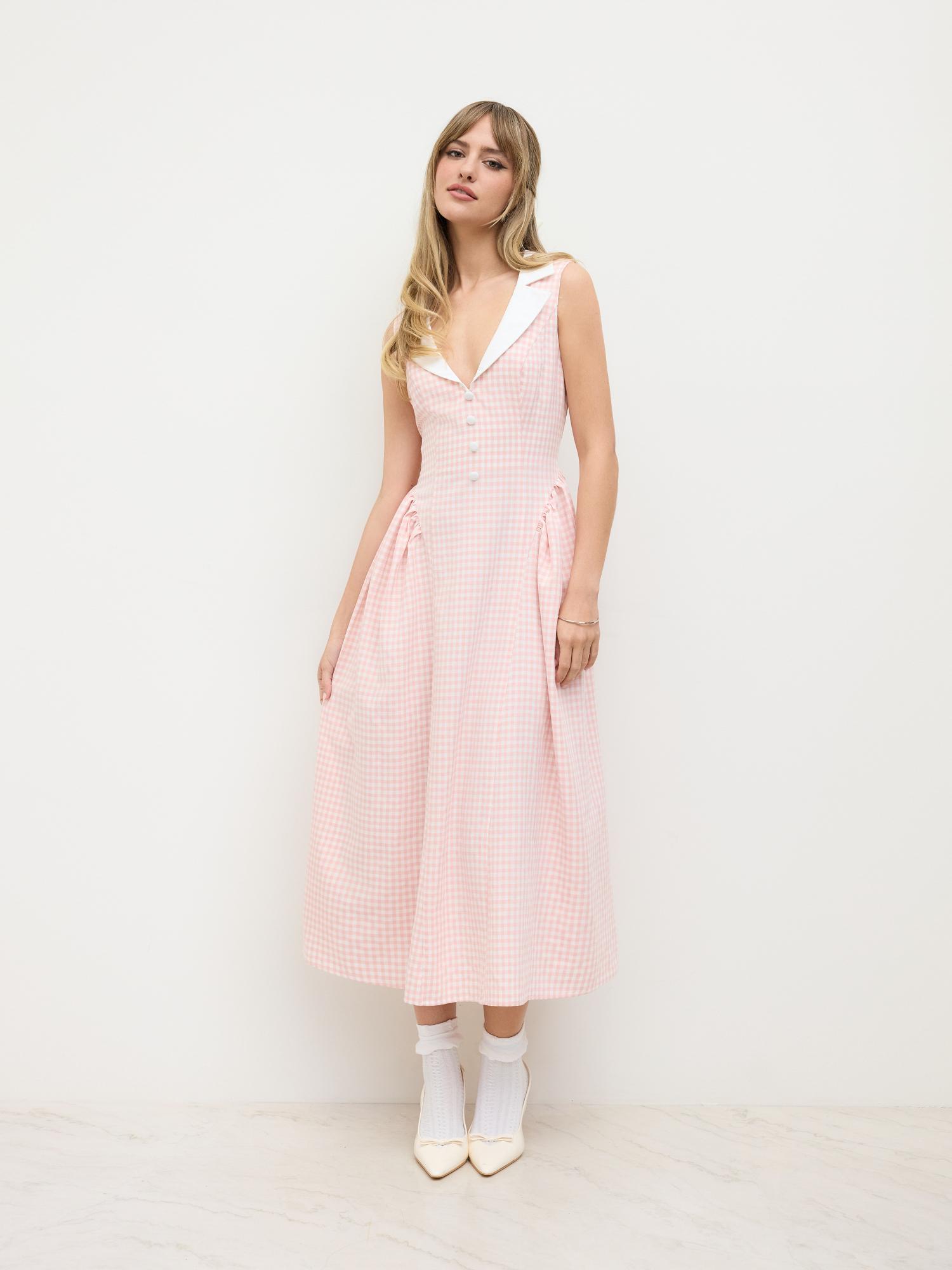 Collar Gingham Ruffle Midi Dress