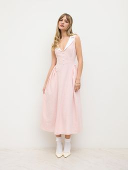 Cider - Collar Gingham Ruffle Midi Dress
