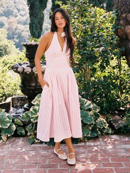 Cider - V-neck Gingham Knotted Ruffle Maxi Dress