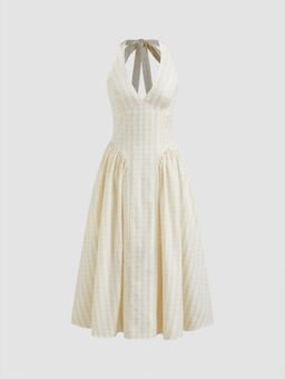 Cider - V-neck Gingham Knotted Ruffle Maxi Dress