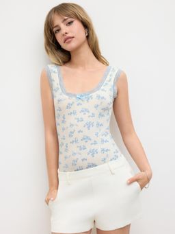 Cider - Cotton-blend Ditsy Floral Lace Trim Bowknot Bodysuit