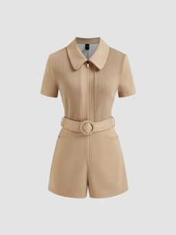 Cider - Collar Zip Through Patched Romper With Belt (Set of 2)