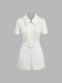 Cider - Collar Zip Through Patched Romper With Belt (Set of 2)