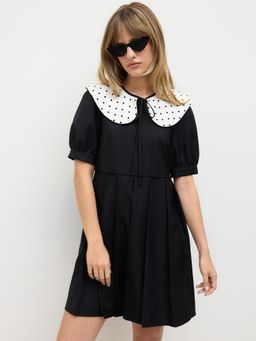 Cider - Pleated Mini Dress With Detachable Polka Dot Peter Pan Collar