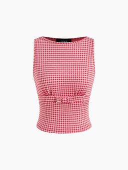 Cider - Boat Neck Gingham Bowknot Top