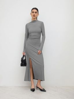 Cider - Asymmetrical Neck Split Ruched Midi Dress