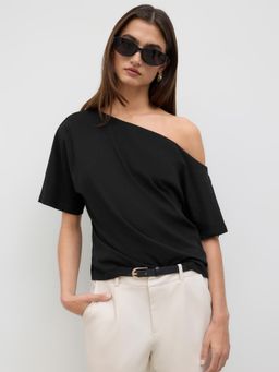 Cider - Cotton-blend Asymmetrical Neck Ruched Tee